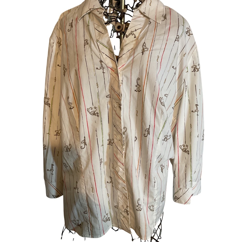 CHICOS White Striped Lizard Print Button Up Shirt Women Size 3 Long Sleeve